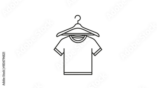 Simple line art icon of a t-shirt on a hanger. Minimalist outline clothing garment symbol for fashion, retail, or laundry concept.