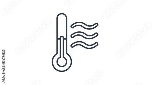 Hot temperature thermometer icon with heat waves. Weather, climate, fever, warmth symbol. High temperature measurement.