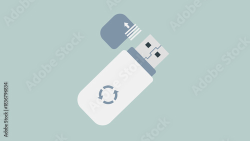 USB flash drive with data sync icon. Minimalist flat design illustration of digital portable storage device for transfer and backup.