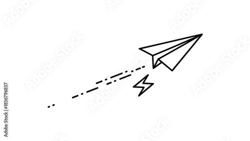 Minimalist paper airplane icon with lightning bolt trail, symbolizing fast message, quick delivery, idea launch, or progress.