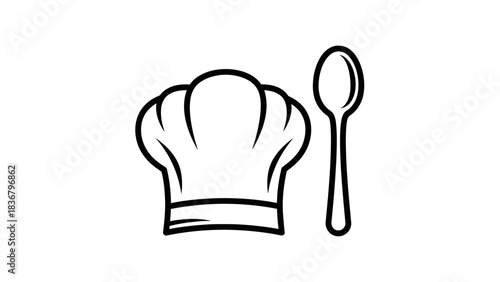 Black and white outline icon of a classic chef hat and a kitchen spoon, symbolizing cooking, culinary arts, and professional food preparation.
