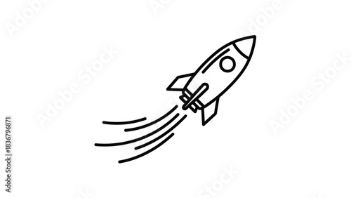 Rocket Launch Icon - Outline Drawing of Spaceship Taking Off, Symbolizing Startup, Business Growth, Innovation, and Progress