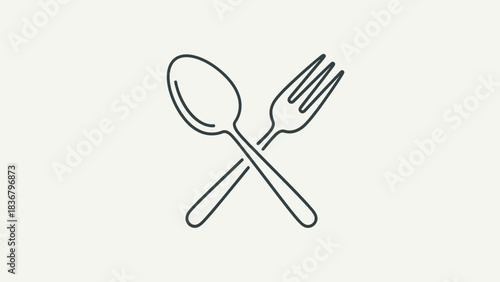 Modern minimalist crossed spoon and fork line icon. Outline cutlery symbol for restaurant, kitchen, food, and dining service design.