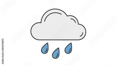 Simple flat line art icon of a grey cloud with blue raindrops falling, representing weather, rain, or a forecast symbol.