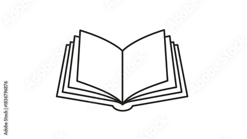 Minimalist open book line art icon. Simple black and white vector illustration symbolizing education, reading, learning, knowledge, and study.