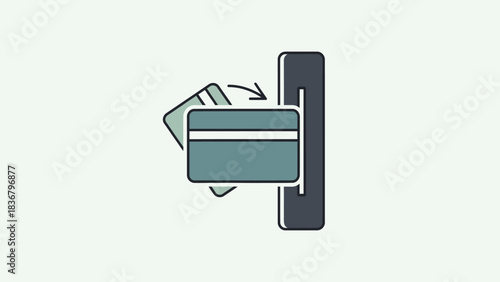 Vector icon: Credit card insertion into a payment terminal or ATM slot, illustrating secure financial transactions and banking operations.