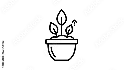 Growth plant in pot line icon with arrow, development, seedling, gardening symbol, organic progress, outline vector illustration