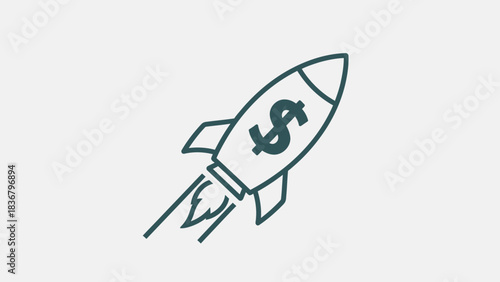 Business startup rocket icon with dollar sign, representing financial growth, investment, and market success acceleration