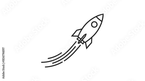 Minimalist line art rocket launching icon. Outline spaceship flying with a speed trail, symbolizing startup, success, or progress.
