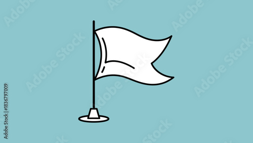 White Flag Line Art Illustration on Blue Background - Symbol of Surrender, Peace, Truce, Goal, or New Beginning
