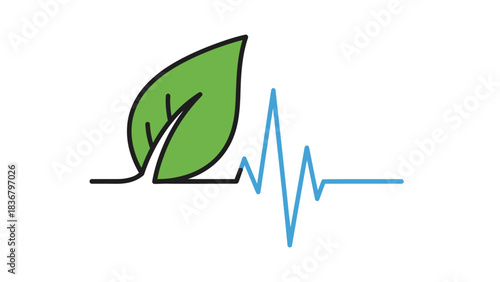 Eco-friendly natural leaf with vital sign heartbeat line, representing green health, sustainability, and environmental wellness concept.