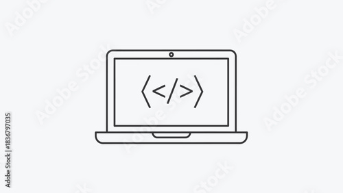 Laptop with code brackets icon for programming, web development, software engineering, and digital technology concepts.