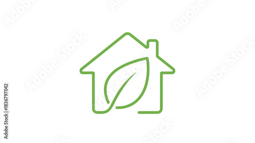 Green Line Art House with Leaf Icon for Eco-Friendly Living, Sustainable Home, Nature, and Environmental Protection
