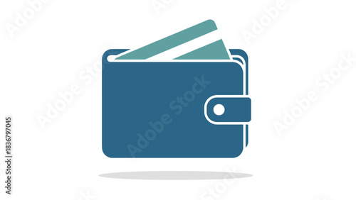 Flat design icon of a blue wallet with two payment cards, representing money, finance, shopping, and cashless transactions.