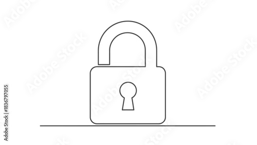 Minimalist continuous line art drawing of a closed padlock icon, symbolizing security, protection, privacy, and digital lock.
