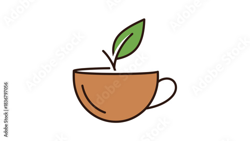 Minimalist brown cup with a fresh green tea leaf icon. Concept for herbal drinks, natural ingredients, organic beverages, and healthy lifestyle.