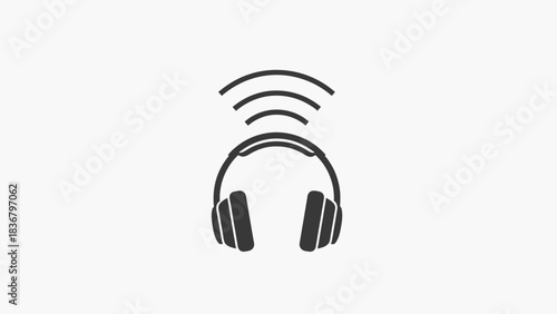 Minimalist headphones icon with sound waves for audio streaming, music listening, podcast, and communication concepts.