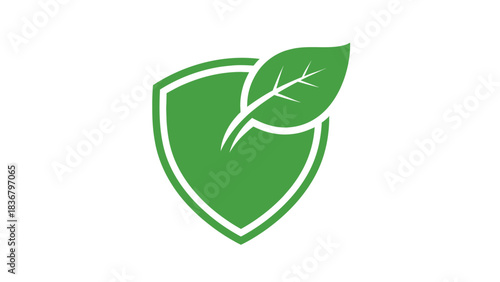 Green shield with a leaf symbol for environmental protection, nature safety, and eco-friendly design concept