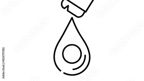 Minimalist line icon of a falling droplet from a dispenser. Vector outline graphic for water, oil, medicine, science, or cosmetics.