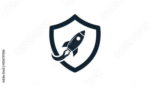 Shield with launching rocket icon symbolizing security, speed, innovation, protection, startup success, and rapid business growth.