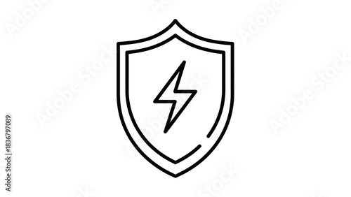 Electrical Safety Icon: Line Art Shield with Lightning Bolt Symbol for Power Protection and High Voltage Warning