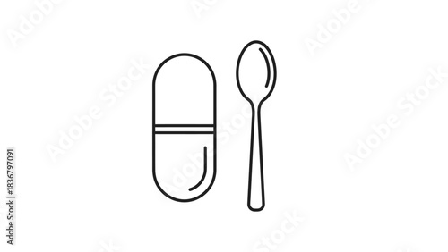 Medical capsule pill and spoon icon for health, medicine, dosage, nutrition, supplement, pharmacy, and wellness design