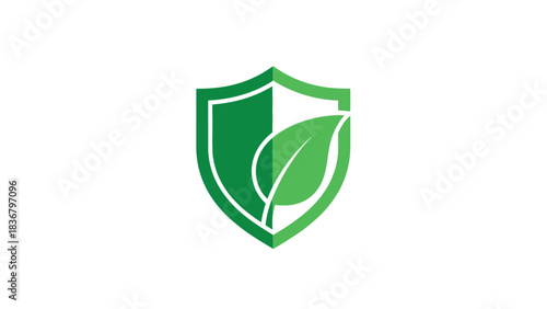 Eco-friendly green shield with a leaf symbol representing environmental protection, nature safety, and sustainable living concept