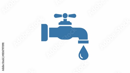 Blue Faucet Icon with Dripping Water Drop - Water Conservation, Leakage, Plumbing, and Resource Sustainability Symbol