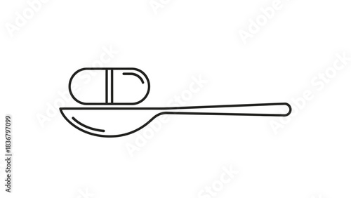 Simple outline icon: pharmaceutical capsule pill on a spoon, representing medication, health, dosage, treatment, and wellness.