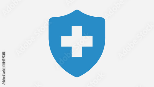 Medical health protection shield icon. Blue shield with white cross symbol for healthcare safety, security, and insurance concept.