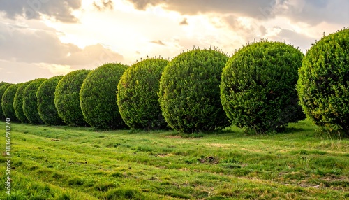 Line of perfectly round, manicured bushes in a green field, illuminated by soft sunlight