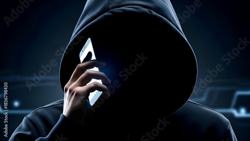 ​A shadowy, unidentified person wearing a black hoodie talks on a smartphone, with their face hidden in darkness. Concept of hacker, cyber crime, anonymity, or scam calls and privacy threat.