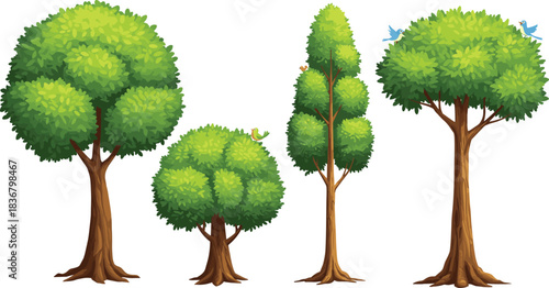 Cartoon tree illustration featuring various shapes, green foliage, birds, nature elements, and stylized forest vegetation for educational vector design