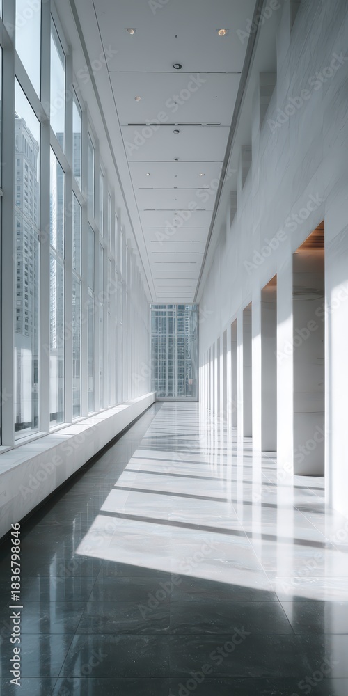 Fototapeta premium Sunlight streams across a sleek, modern interior corridor