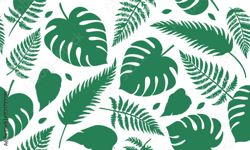 Seamless pattern of various green tropical monstera and fern leaves creating a vibrant jungle foliage background on a clean white backdrop, perfect for nature and summer design