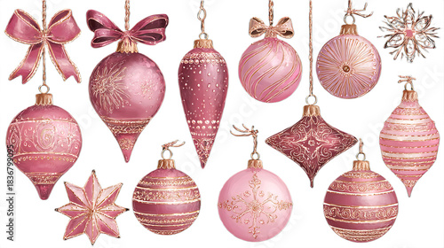 Collection of pink Christmas ornaments festive holiday decorations with glitter and bows isolated on white background.