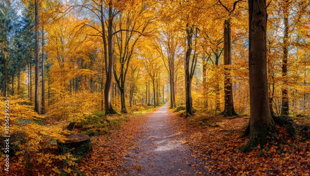 Obraz premium Sunlit autumn forest path lined with golden trees, carpeted in fallen leaves