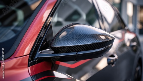 Close up of a car's carbon fiber side mirror and red bodywork