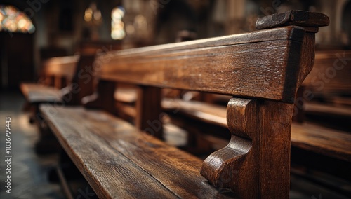 Rows of polished wooden pews fill a sunlit sacred sanctuary, awaiting reflection