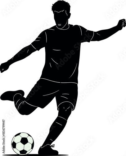 Silhouette of a soccer player kicking a ball on a white background, illustration