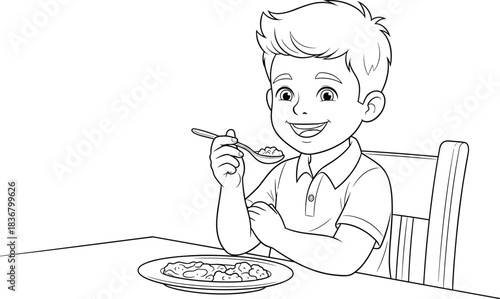 Black and White Outline Drawing of a Happy Young Boy Sitting at a Table, Eating Cereal or Porridge from a Plate with a Spoon for Breakfast.