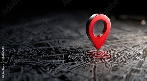 Red map pin marks a location on a dark, detailed city map with dramatic lighting