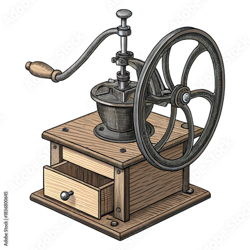 Crafting the Perfect Cup: Vintage Coffee Grinder Showcasing Artisan Tradition and the Rich Aroma of Freshly Ground Beans, Ideal for Coffee Lovers