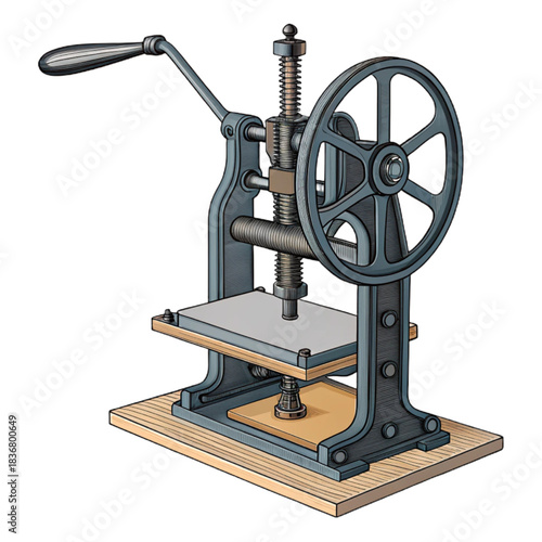 Engraved vintage printing press illustration perfect for graphic design, art, and historical projects, adding a touch of retro charm and classic appeal