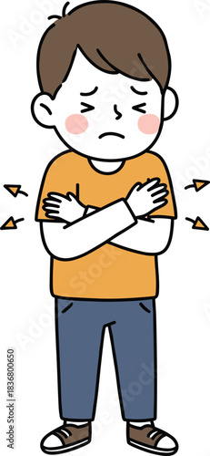 Cartoon person shivering in cold, orange shirt character, discomfort