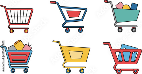 Colorful vector shopping carts with modern design, geometric items, retail icons, and creative illustrations for e-commerce and marketing visuals.