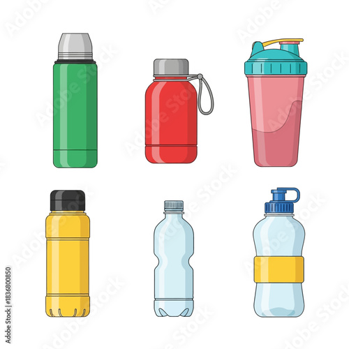 Variety of Reusable Water Bottles and Sport Shakers - Vector Icon Set