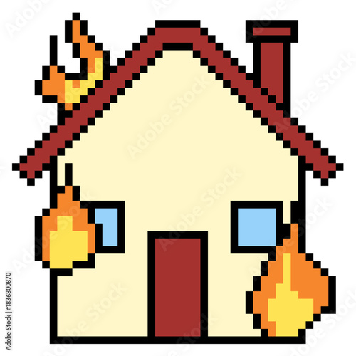 Pixel burn house vector for disaster simulation games and insurance concepts. Symbolizes danger, destruction, and emergency situations.