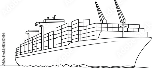 Large Container Cargo Ship Outline Illustration on Water, Carrying Shipping Containers and Featuring Deck Cranes for Global Trade and Logistics.