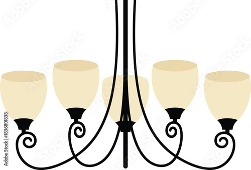 Modern Chandelier Ceiling Light Fixture: Simple Vector Illustration with Five Opaque Glass Shades and Black Scrollwork Arms.